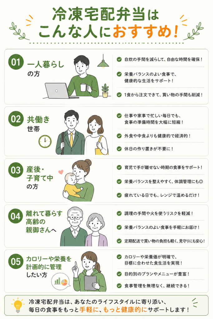 冷凍宅配弁当がおすすめな人のイラスト