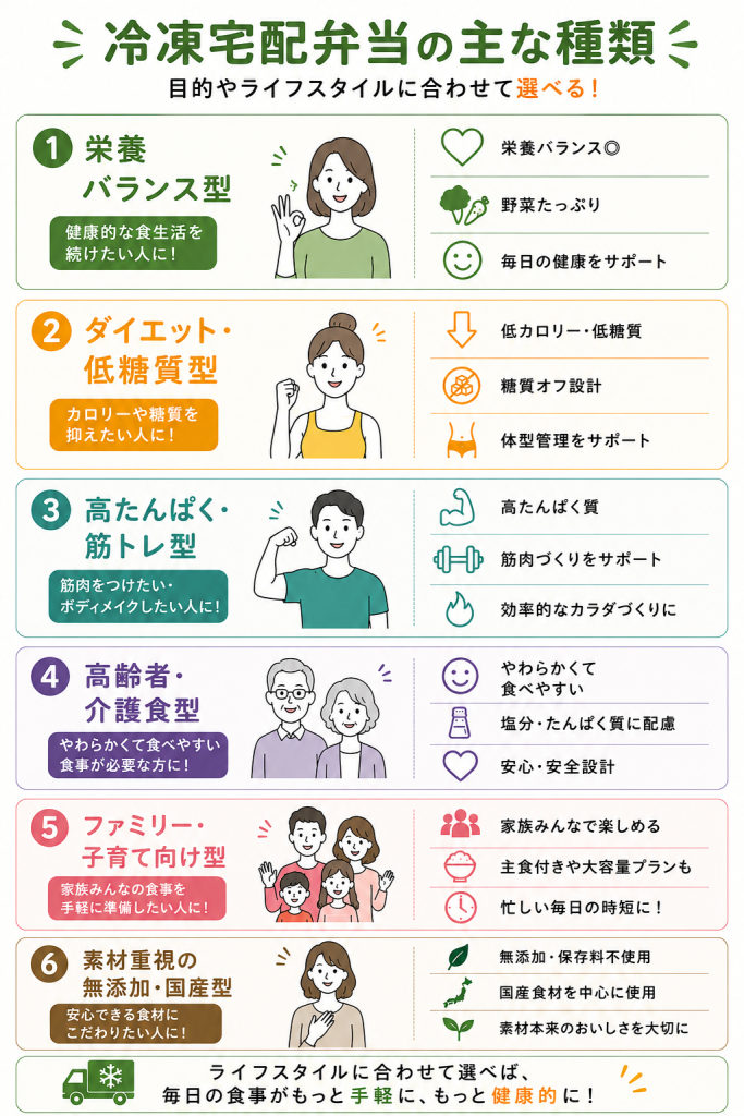 冷凍宅配弁当の主な6つの種類インフォグラフィック