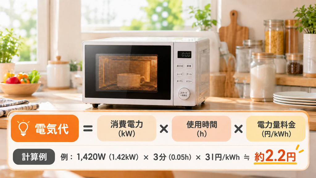 電子レンジの電気代の計算式。電気代=消費電力(kW)×使用時間(h)×電力量料金(円/kWh)。消費電力1,420Wで3分使うと約2.2円