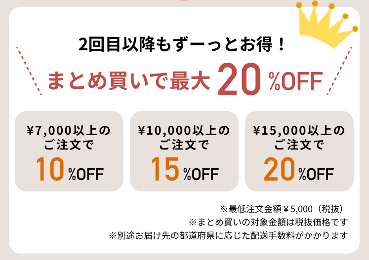 DELIPICKSのまとめ買い割引。7,000円以上の注文で10%OFF・10,000円以上で15%OFF・15,000円以上で20%OFF（税抜価格が対象）
