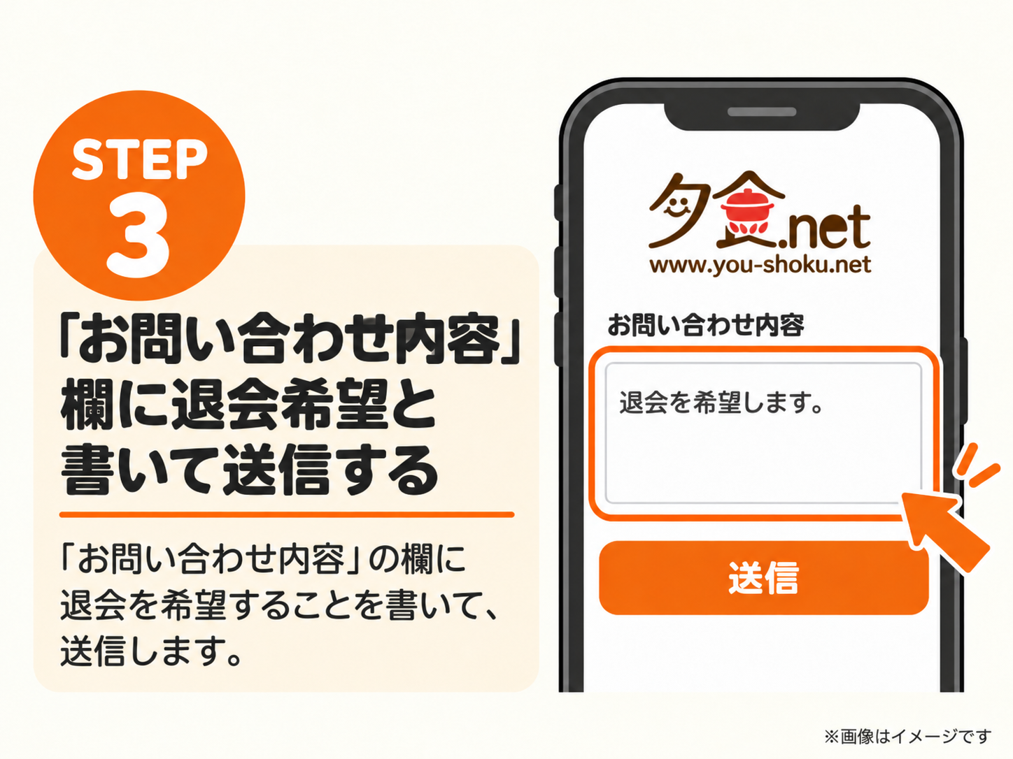 夕食ネットの退会手順STEP3。「お問い合わせ内容」欄に退会を希望することを書いて送信する(イメージ)