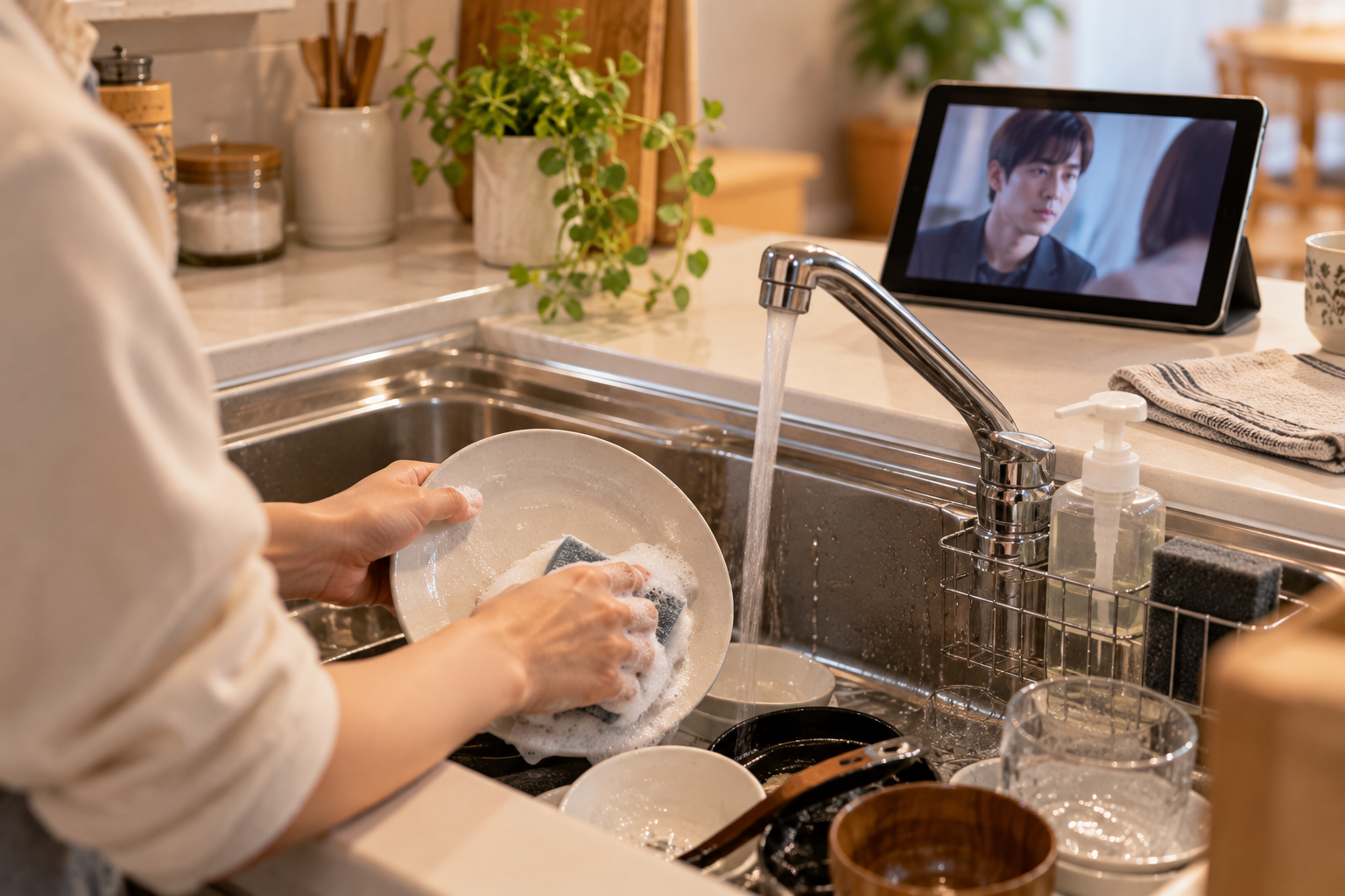 タブレットでドラマを見ながら食器を洗う様子